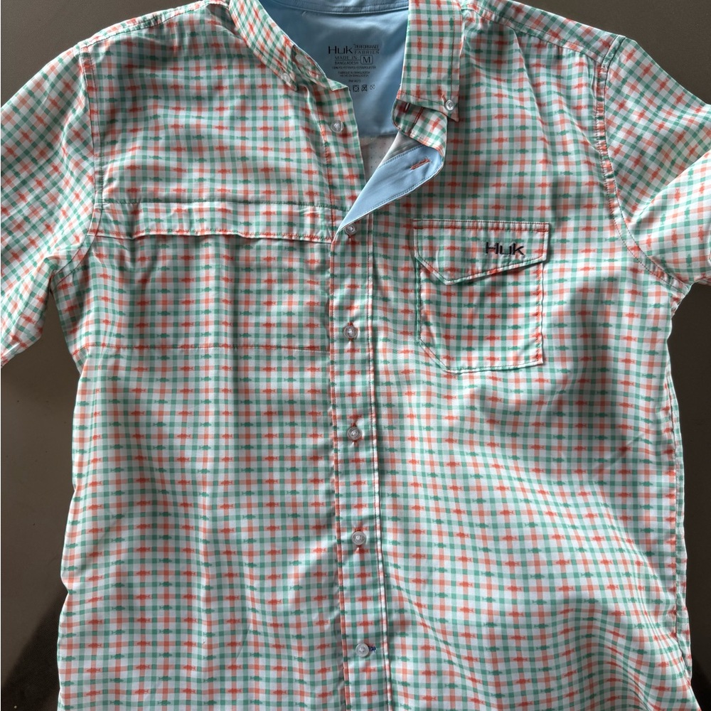 Huk Men's Aqua and Coral Plaid Shirt